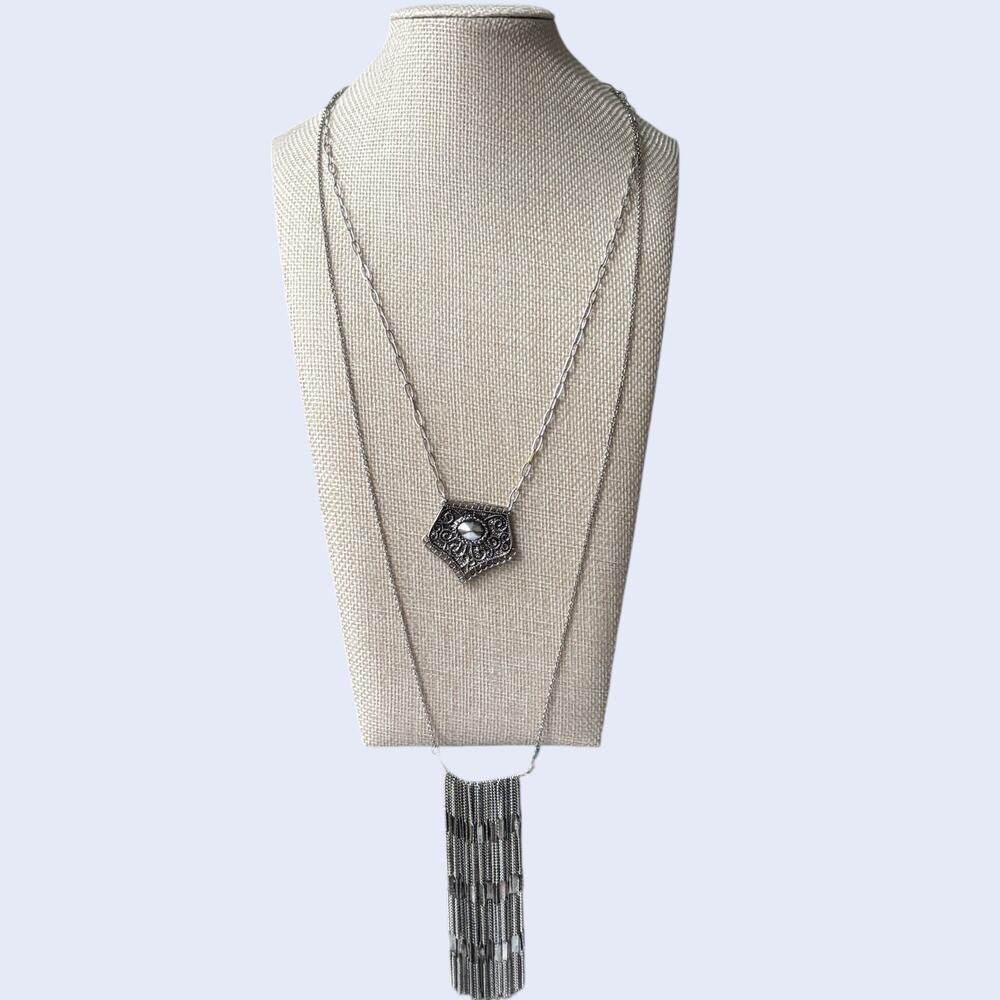 Boho Silver Chain Necklace Set Fringe Tassel Festival Statement 2 Piece Layered